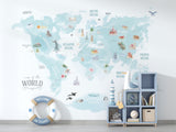 World Map Blue Theme - Kids Room Wallpaper Mural