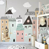 Pastel Color Houses Theme Nursery Wallpaper