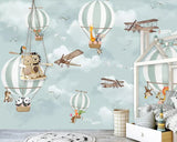 Animals Flying on Air Balloons in Sky Nursery Wallpaper