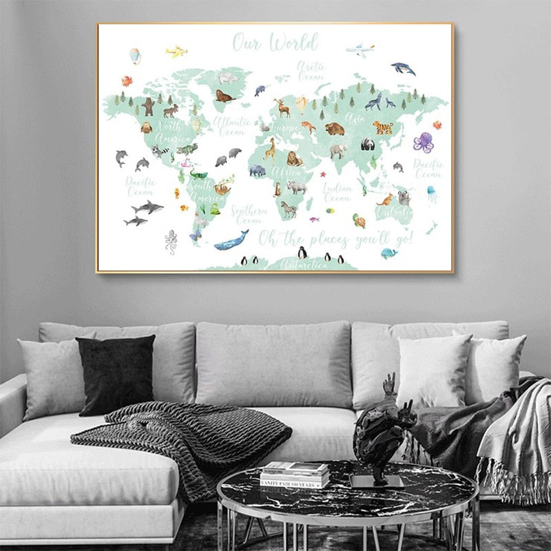 Poster dipinto su tela con mappa del mondo degli animali per bambini
