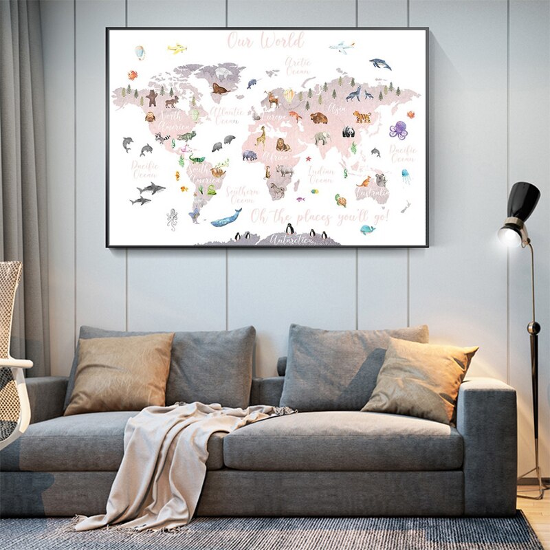 Poster dipinto su tela con mappa del mondo degli animali per bambini