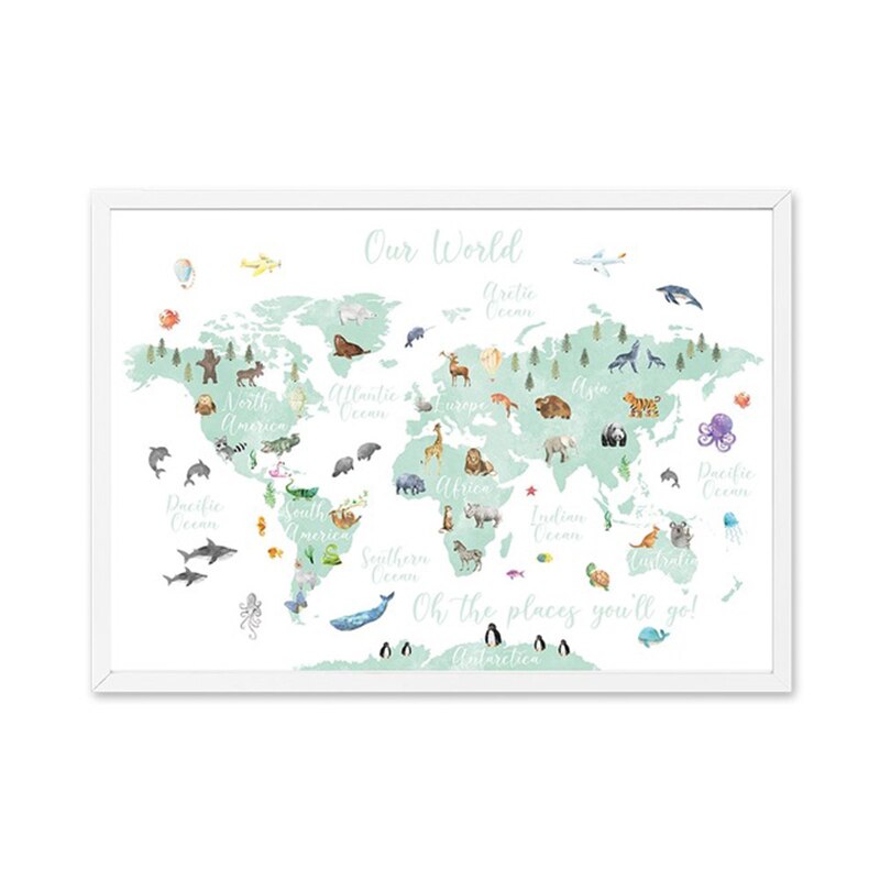 Affiche de peinture sur toile de carte du monde des animaux pour enfants
