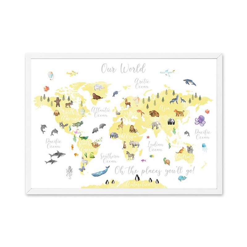 Affiche de peinture sur toile de carte du monde des animaux pour enfants