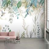Carta da parati murale con piante tropicali, foglie, fiori e uccelli