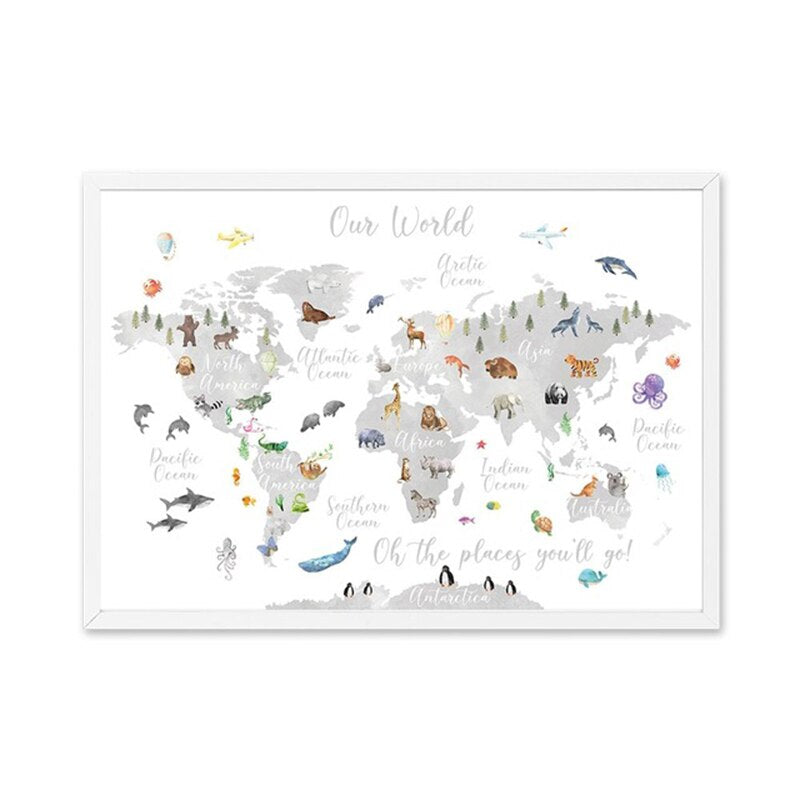 Kinder-Tier-Weltkarte-Leinwand-Malerei-Poster