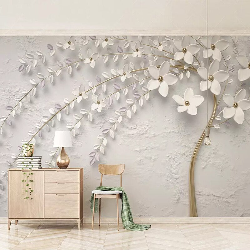 Tree with White Flowers Scenery Wallpaper for Home Wall Decor