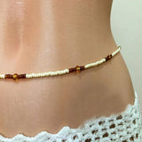 Boho Belly Chain White Brown Beads Gold Elastic Waist