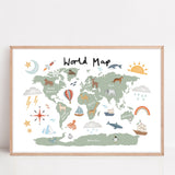World Map Poster with Animals Canvas Art for Kids Room
