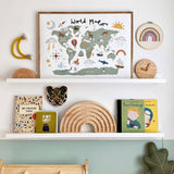 World Map Poster with Animals - Canvas Art for Kids Room