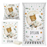 Sleepy Lion on Moon Baby Name Crib Bedding Set | Baby Shower Gift Bedding Set