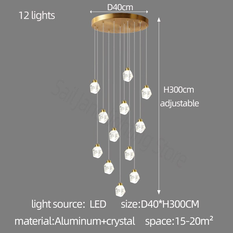 Lustre d'escalier en cristal de luxe avec lumières LED