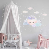 Sticker mural nuages ​​et étoiles de lune endormie fleur pourpre