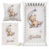 Sleepy Bear on Moon Baby Name Crib Bedding Set | Baby Shower Gift Bedding Set
