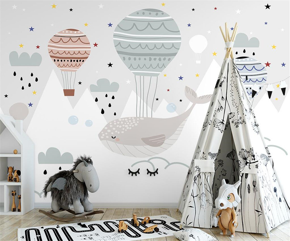 Whale and Air Balloons Kids Room Wallpaper Mural