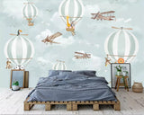 Animals Flying on Air Balloons in Sky Nursery Wallpaper