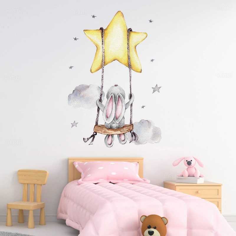 Teddy Bear Sleeping on the Moon Wall Decal | Rabbit on the Moon Wall Decal | Kids Room Baby Room Decoration Wall Decals