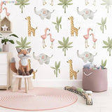 Baby Animals Flamingo Elephant Giraffe Green Leaf Wall Stickers | Kids Room Living Room Baby Nursery Home Decoration