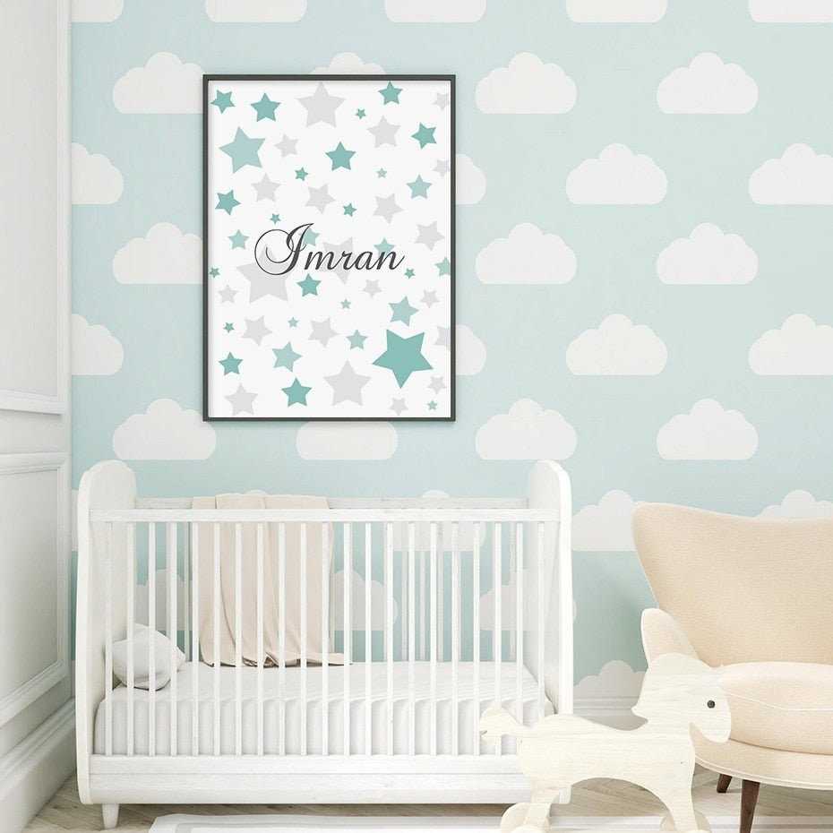 Mintgrüne Sterne-Design: Babynamen-Poster für das Kinderzimmer