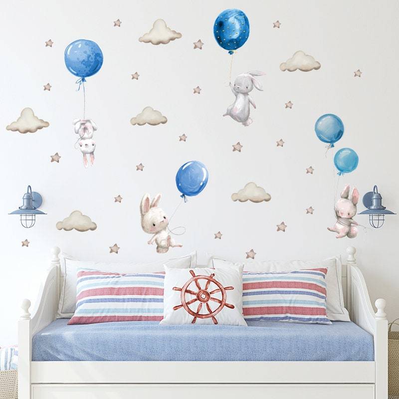 Bunny Rabbit with Balloons and Cloud Wall Stickers | Baby Nursery Room Decoration | Rabbit Wall Decals