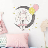 Bunny Rabbit on Air Balloon / Moon Wall Stickers | Kids Room PVC Wall Decals | Rabbit Wall stickers