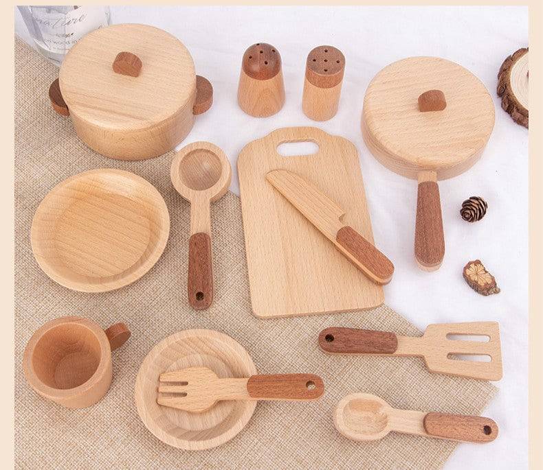 Wood Pots Pans Toys | Wooden Kitchen Set Toy | Wooden play kitchen Accessories | Pretend Play Kitchen Plates Toys